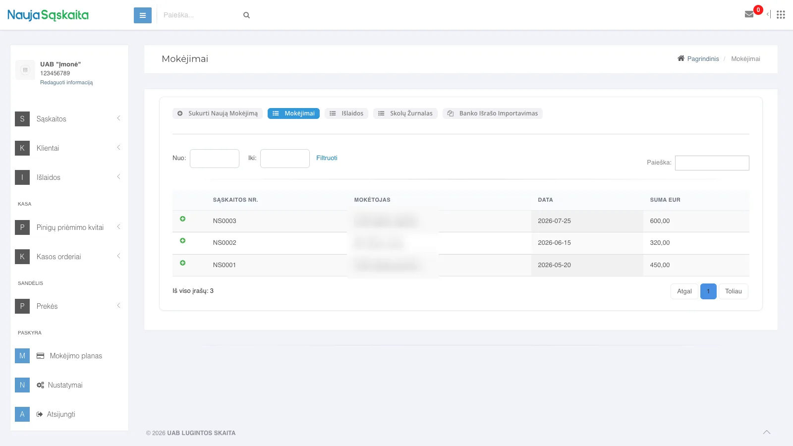 Mokėjimų registravimas ir analizė